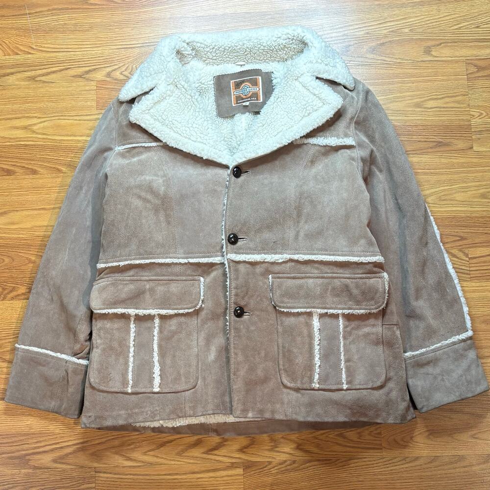 Vintage 1970s Pioneer Wear Suede Leather Sherpa Coat Mens XL Western USA